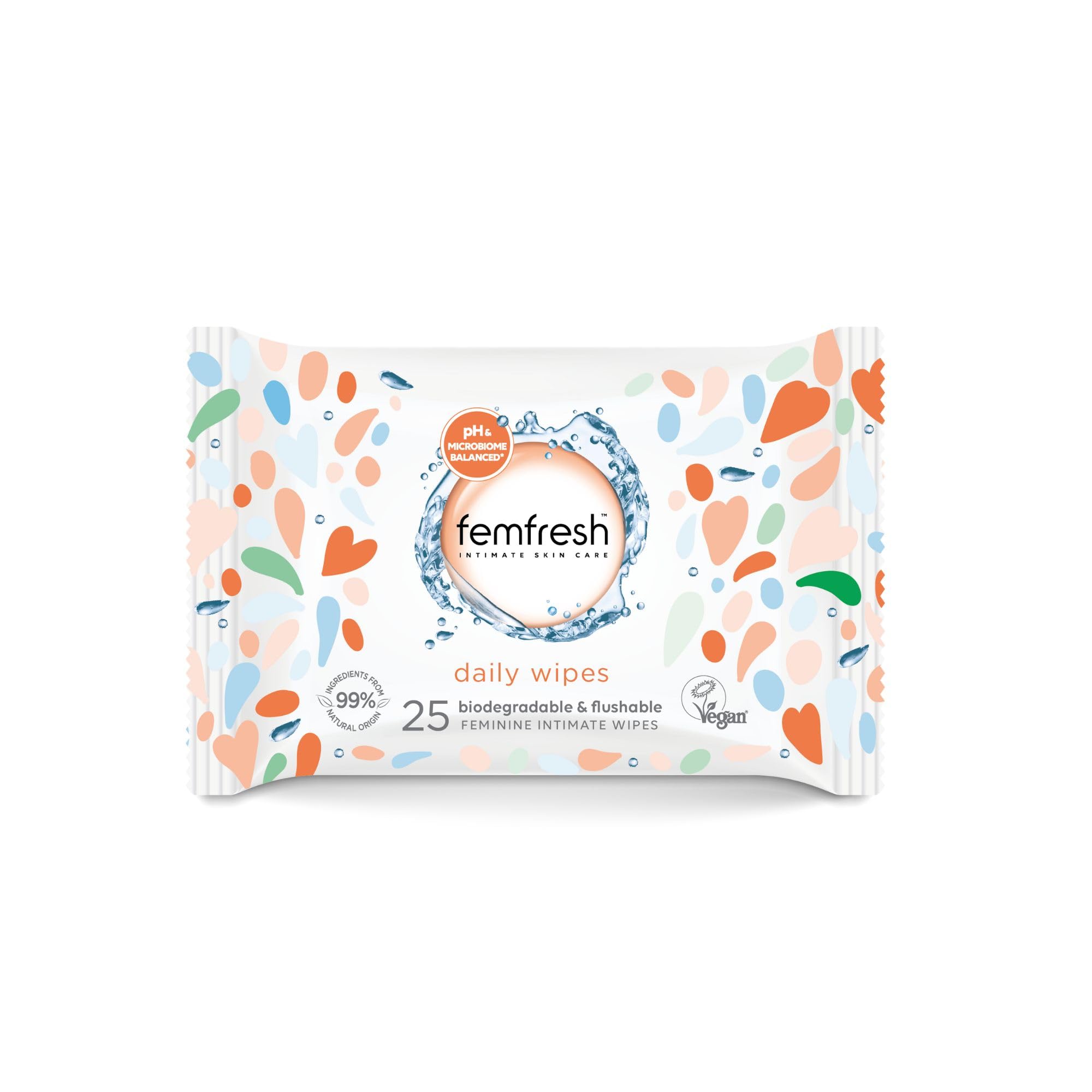 Femfresh Intimate Wipes, Flushable & Biodegradable Feminine Wipes with Aloe Vera & Calendula, pH Balanced & Hypoallergenic, 25 Count