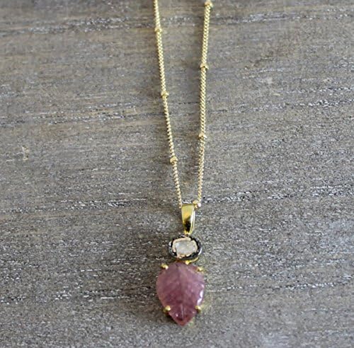 Pink Tourmaline and Diamond Necklace 18 inches - Gold Plated Sterling Silver Jewellery - Handmade Gemstone Jewelry Gift Ideas for Women - October Birthstone