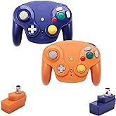 VTone Wireless Game Cube Controller, 2 Pieces 2.4G Wireless Classic Gamepad with Receiver Adapter for Wii Game Cube NGC GC (Orange and Dark Blue)