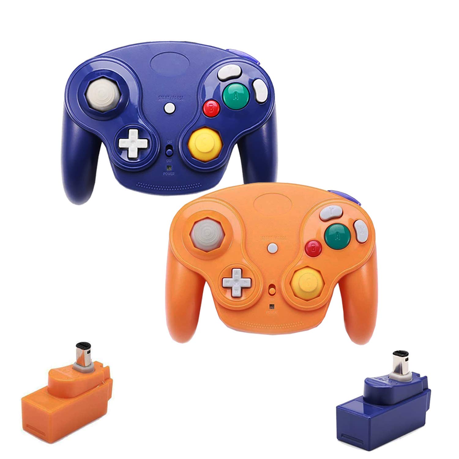 Photo 1 of VTone Wireless Game Cube Controller, 2 Pieces 2.4G Wireless Classic Gamepad with Receiver Adapter for Wii Game Cube NGC GC (Orange and Dark Blue)