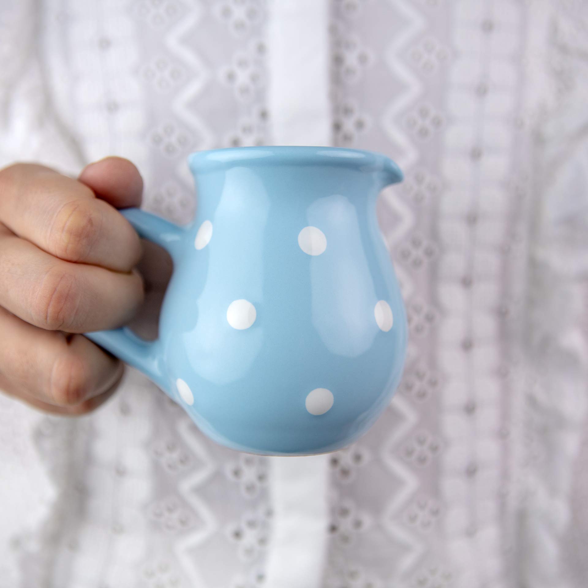 City to Cottage® Light Sky Blue and White Polka Dot Spotty Handmade Hand Painted Small 150ml/5oz Ceramic Milk Jug Creamer Pourer