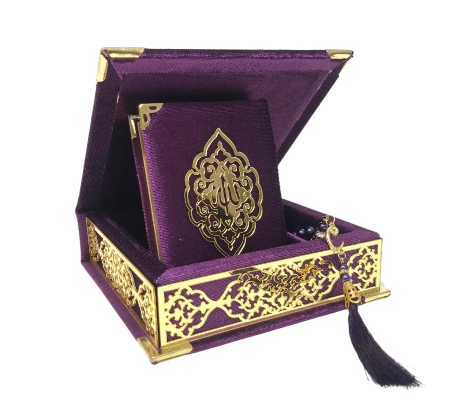 Velvet Quran Pearl Prayer Bead Set, Islamic Gifts for Eid Ramadan, Portable Box, Muslim Home Decor, Figured Gift Boxes Tasbih, Mawlid Present for Wedding, Umrah, Mosque, Praying, Special day (Purple)