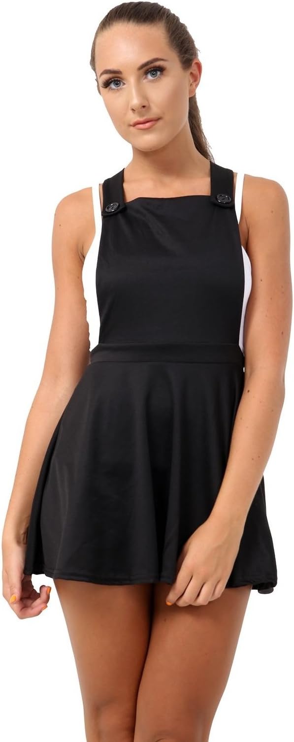 Women Ladies Tartan Print Pinafore Dungarees Mini Cross Back Buttoned Plain Skater Dress UK 8-14
