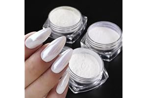 GZMAYUEN White Pearl Chrome Nail Powder, Mirror Effect Pearlescent Chrome Pigment Powder for Nails, Ice Aurora Nail Powder 3Pcs