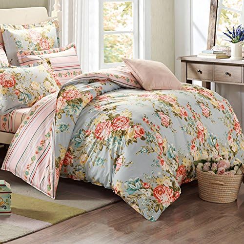 200TC [farmhouse style] Pure cotton Plants and flowers Duvet Cover Set 4 Pieces(1Duvet cover 1Flat sheets 2Pillow)-N Queen2