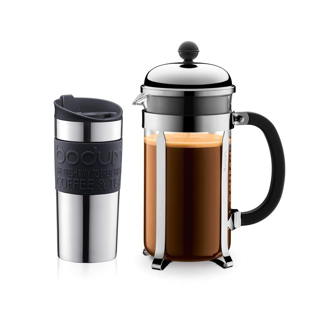 Bodum 1.0 Litre Stainless Steel Chambord Set Coffee Maker 8 Cup and 0.35 Lire Vacuum Travel Mug