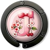 ZEIKAEYR Funny Bow Initial Purse Hook Gifts - Pink Bow Letter J - Foldable Purse Holder for Table - Round Handbag Hanger for Women - Christmas Birthday Gifts for Mom, Wife, Sister, Friend, Boss Lady