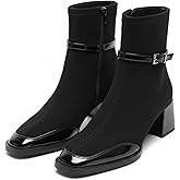 BEDGMDEG Women’s Square Toe Block Heel Ankle Boots – Faux suede with Patent Leather Trim, Side Zipper Buckle Strap Casual Dressy Sock Boots For parties, dates, weddings