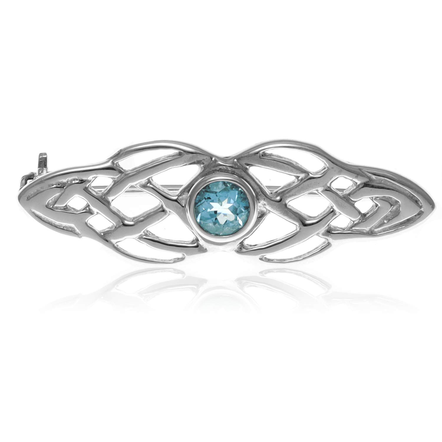 Alexander Castle 925 Sterling Silver Celtic Brooch for Women - Ladies Brooch Pin with Blue Cubic Zirconia & Jewellery Gift Box - 34mm