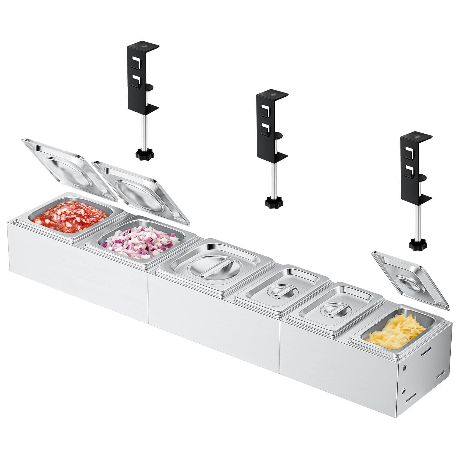 Photo 1 of Pizza Topping Station Stainless Steel, 6 Seasoning Containers with Lid, Condiment Tray for Prepping Toppings, Pizza Oven Accessories, Grill Table Cart Topping Station, C-Clamp for Different Tabletop