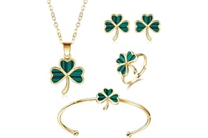 HONGZHUAN JEWELRY Shamrock St. Patrick's Day Necklace Earrings Ring Bracelet Jewelry Set Green Three Leaf Heart Clover Jewelry Gift for Women