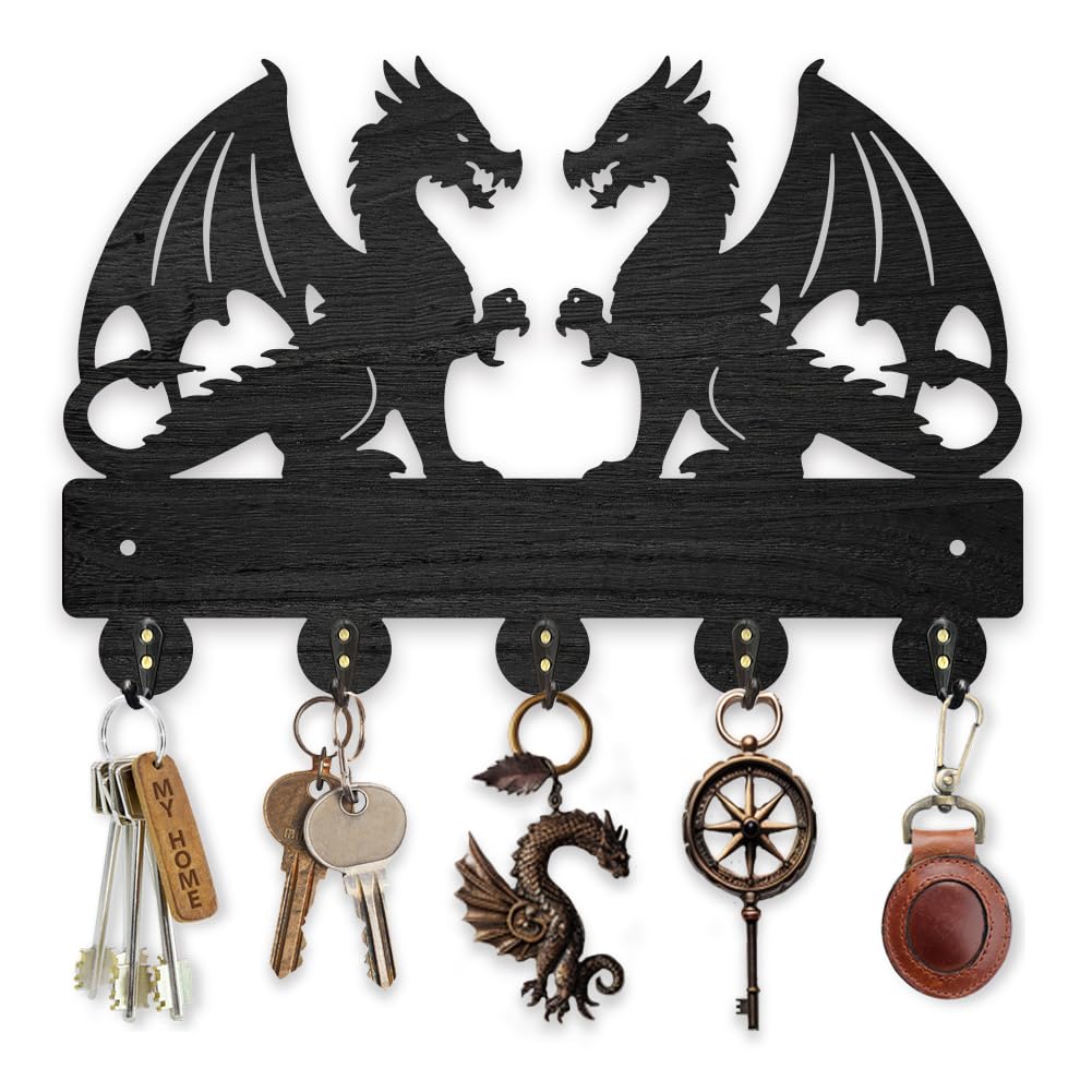 MAYJOYDIY Dragon Coat Rack Wall Mount Wood Key Holder 30×20cm Double Dragon Animal Decorative Wall Hooks 5 Alloy Hooks Black Wall Hanger