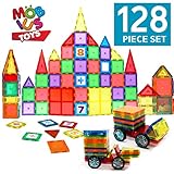 Magnetic Blocks 128 Piece Set - Magnetic Tiles for Kids, With Strong Metallic Rivets - 3D Various Magnetic Shapes that Build â€“ TWO Magnet Car-Wheels & Click-in Numbers BONUS, Plus Storage Bag