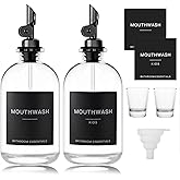 HomeFeel Black Glass Mouthwash Dispenser with Cups, 12.7 oz, 2 Pack - Clear Mouthwash Bottle with 304 Stainless Steel Spout & Minimalist Labels, Style Mouthwash Container for Bathroom