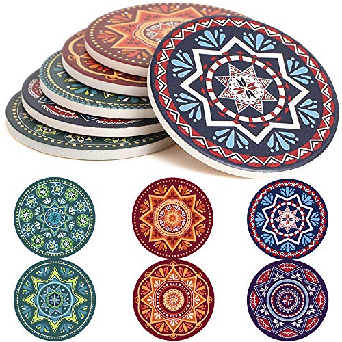 ENKORE Absorbent Coasters For Drinks - 6 Pretty Mandala Patterns on Big Ceramic Stones with Cork Back, Use as Elegant Home Decor and Save Your Furniture From Damage By Water Stain And Marks, No Holder