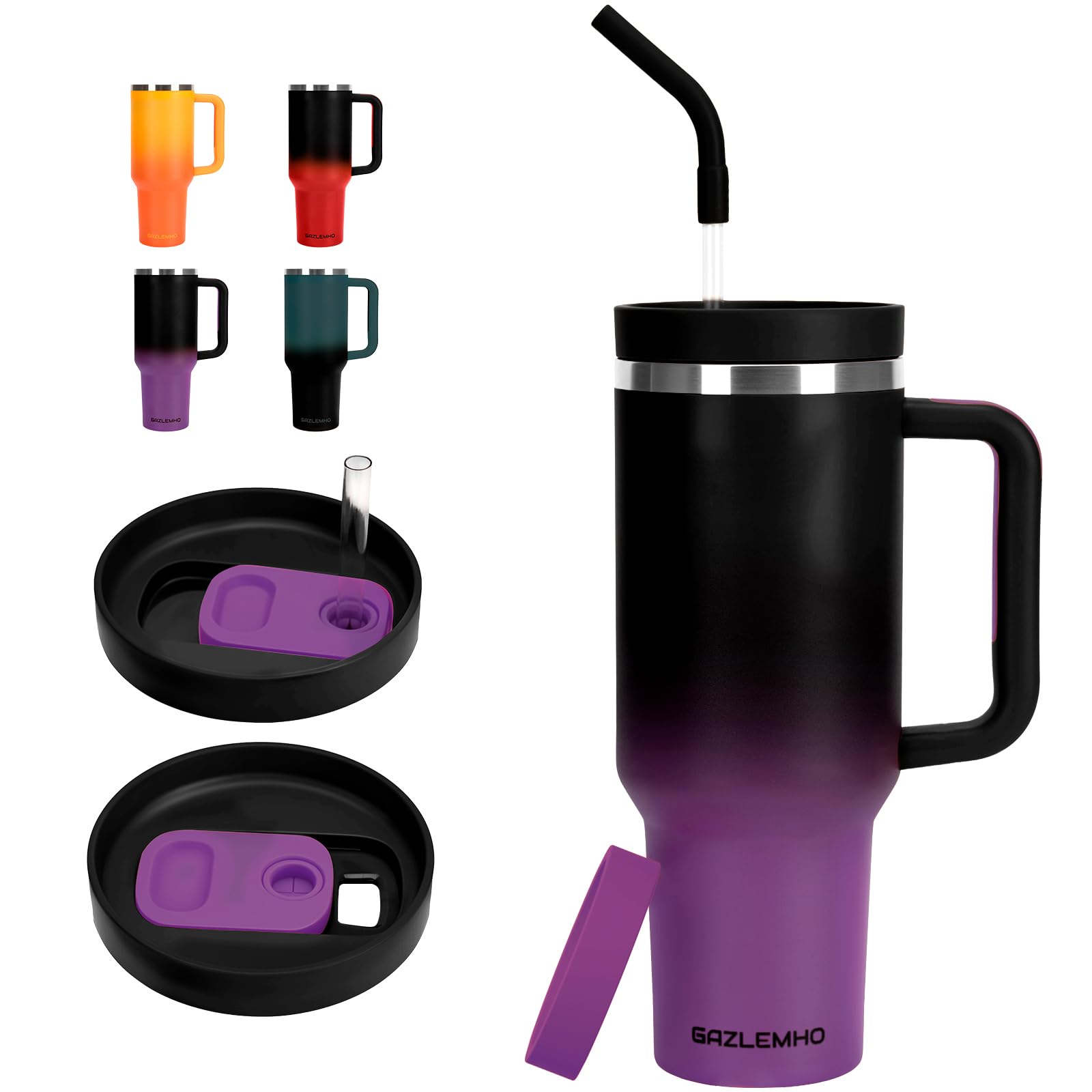 Photo 1 of 40oz Tumbler with Handle and Straw Spout 2-in-1 Lid, Spill Leak Proof Insulated Travel Cup Traveler Water Mug Keep Cold Hot, Dishwasher Safe Stainless Steel Bottle Gifts for Women Men, Black Purple