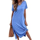 Dyexces Women Summer T Shirt Dress Casual Short Sleeve V Neck Maxi Dresses Loose Side Slit Long Tshirt Dress with Pockets