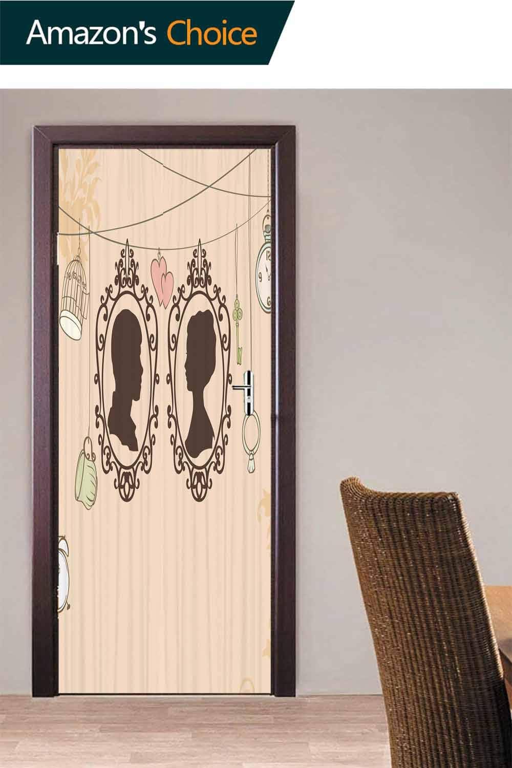 3D Door Sticker, Married Couple Retro Door Stickers Wall Decals Mural Wallpaper DIY Art Home Decor Decoration, 30.3W x 78.7H Inches