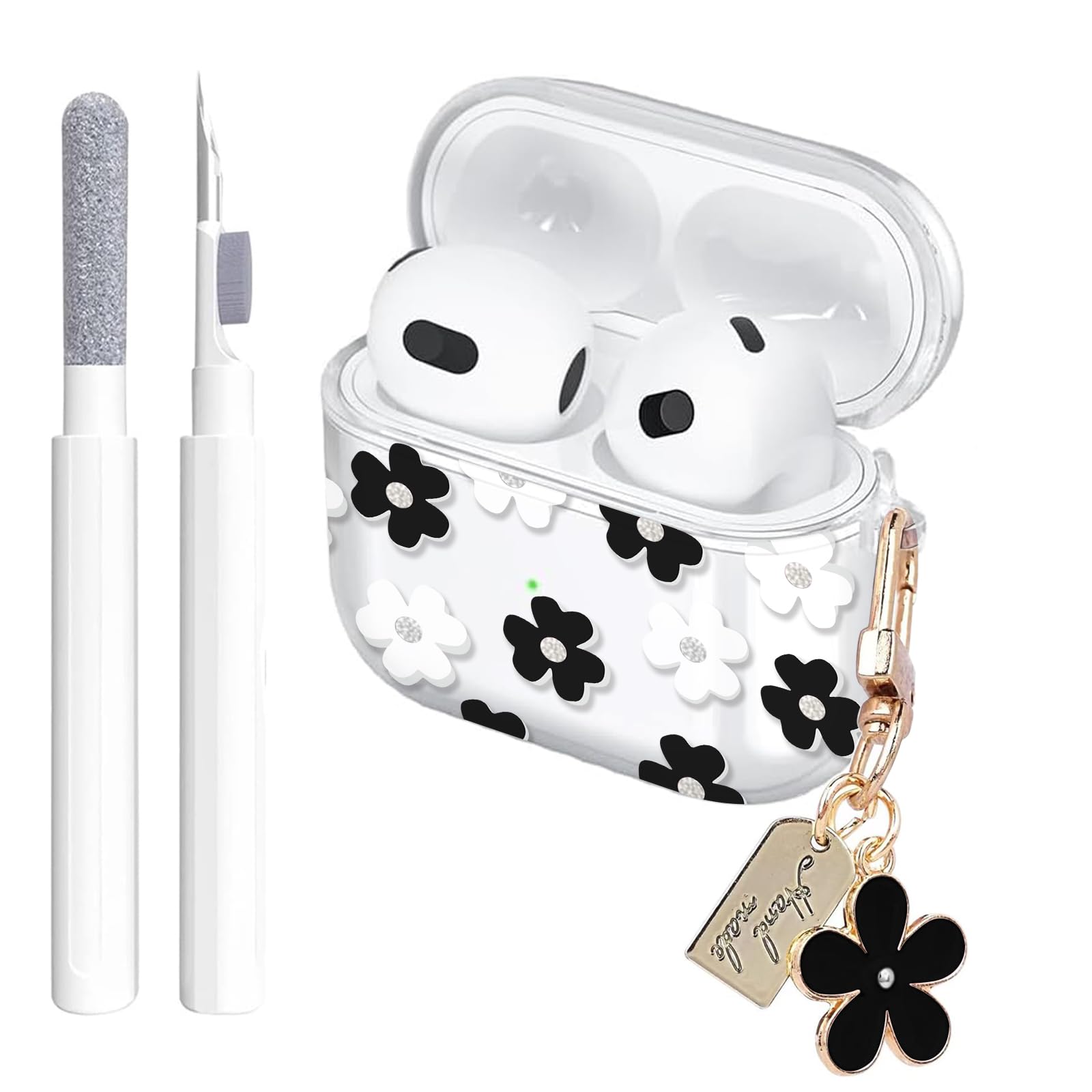 Photo 1 of Aircawin for Airpods 4 Case Clear,Cute Floral Design for Airpod 4 Cover,Shockproof Soft TPU Accessories with Flower Keychain&Cleaning Pen for AirPods 4th Generation Case for Women Girl-Black