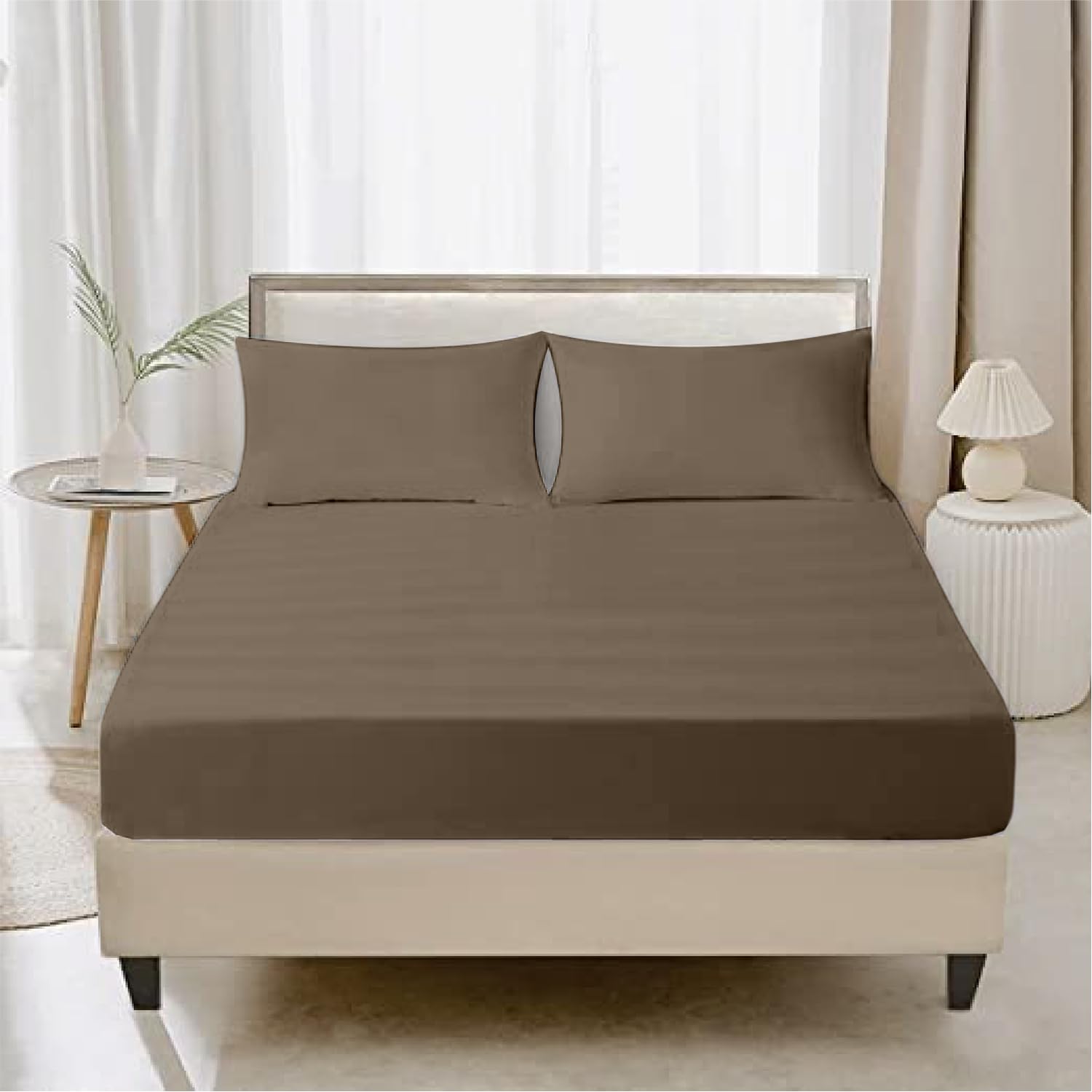 Kotton Culture Fitted Super King Size Sheets 100% Egyptian Cotton 48cm extra deep fitted sheets with Two Pillowcases 600 Thread Count Bottom Sheets (180x200cm, Tan) — image 1