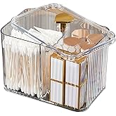 WIWIUXY Qtips Holder Bathroom Container,3-Section Cotton Ball/Swabs Dispenser,3 Grids Apothecary Jar Organizer, Cosmetics Storage for Vanity