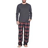 Ashford & Brooks Mens Flannel Pajamas Set, Jersey Cotton Long Sleeve Top & Plaid Pants Flannel Pjs Sets