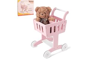 Saichotoy Wooden Shopping Cart for Toddlers: Doll Stroller, Baby Walker Push Toy Pretend Play for Kids Girls Age 1-3 (Pink)