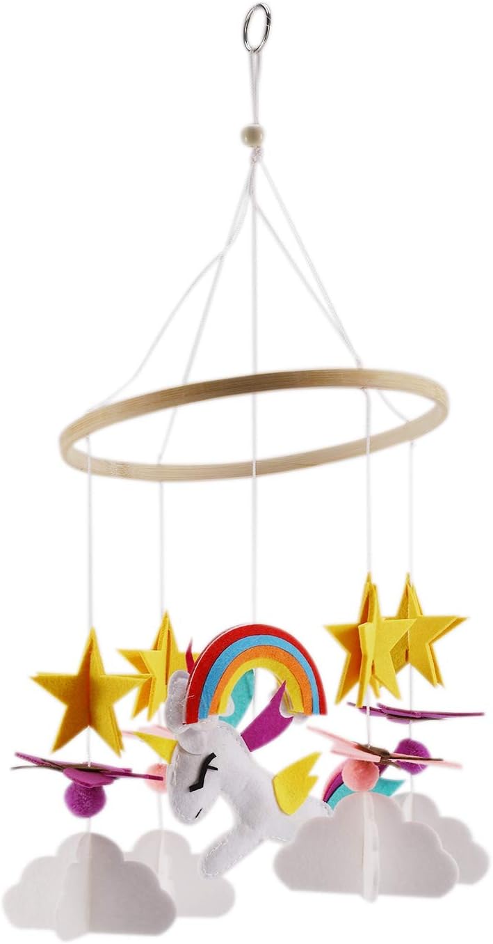 PQZATX Crib Baby Ceiling Nursery Decor with Natural Wooden Teether Sorrel and Fern Grey and Pink Mobile Butterflies & Rainbow in The Clouds