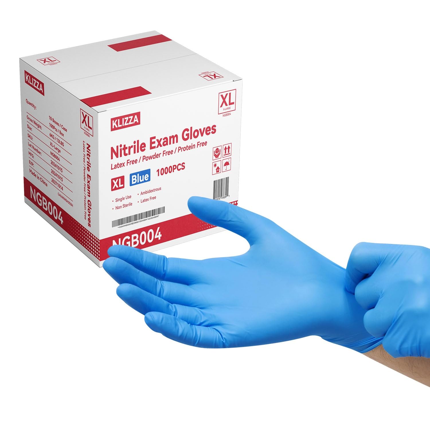 KLIZZA Powder-Free Nitrile Gloves Disposable, 4.5 Mil Thick, Chemical Resistant, Enhanced Grip, Puncture Resistance for Medical, Laboratory, Food Safe, Industrial & Household Use, X-Large 1000 PCS