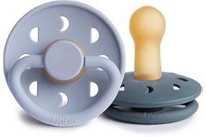 FRIGG Moon Natural Rubber Baby Pacifier | Made in Denmark | BPA-Free (Powder Blue/Slate, 6-18 Months) 2-Pack