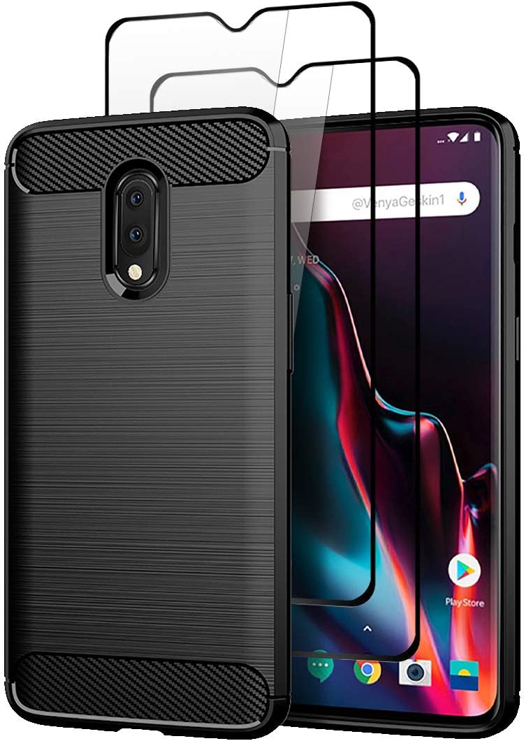 Teayoha Case for OnePlus 7, with Tempered Glass Screen Protector [2 Pack], Carbon Fiber Scratch Resistant, Shock Absorption Soft TPU Drawing Protective Cases Cover - Black