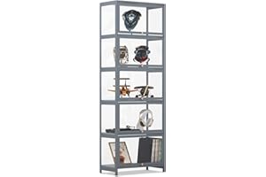 MoNiBloom 5-Tier Clear Display Case for Figures, 65.5" High Showcase Display Cabinet with Flip Acrylic Doors, Bamboo Tall Liquor Storage Cabinet Floor Standing Transparent Showcase for Entryway, Grey