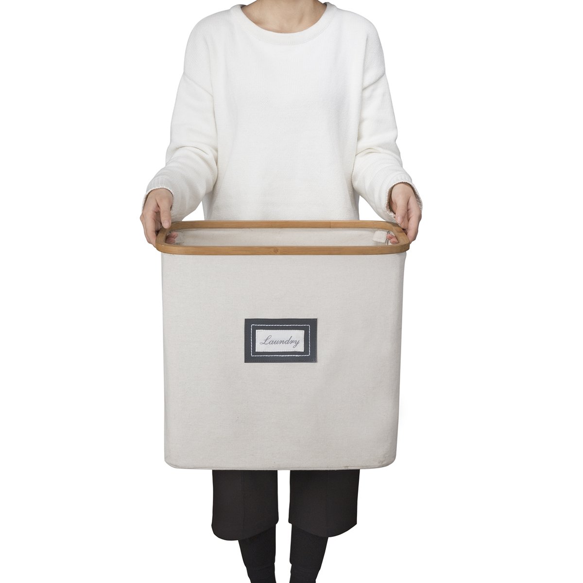 WISHPOOL Bamboo&Canvas Laundry Hamper Baskets Foldable Storage Cube Bin Cut Out Handles For Home Laundry Closet 18 W x 11 D x 16.5 H (inch)