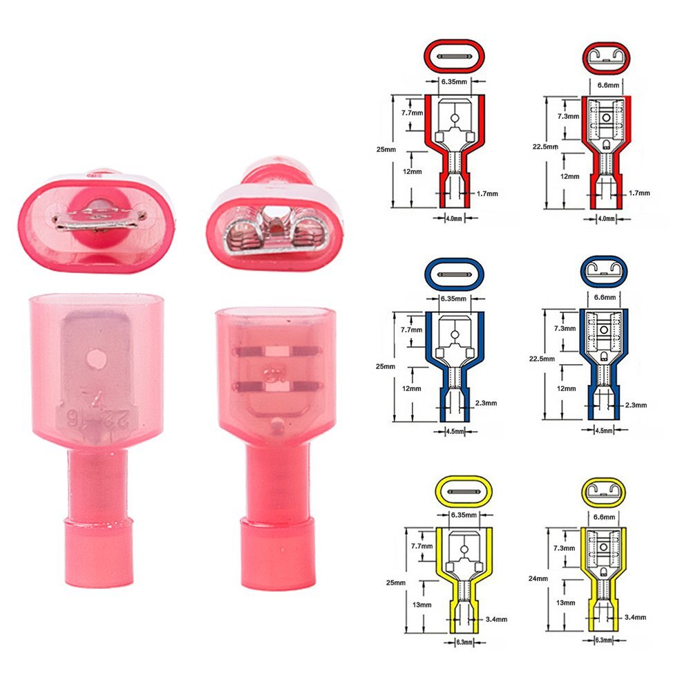 Onite 100pcs Wire Connectors, (Red 22-16AWG, Blue 16-14AWG, Yellow 10-12AWG), Fully Insulated Male & Female Spade Nylon Quick Disconnect Electrical Crimp Cold-Pressed Terminals Assortment Kit: Industrial & Scientific