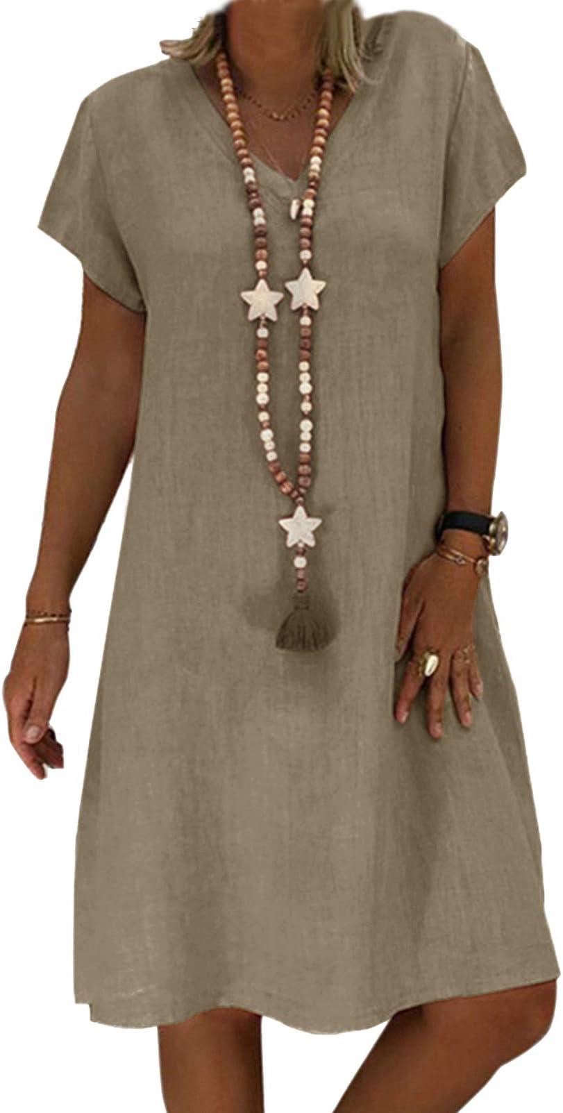 Women's V Neck Summer Dress Short Sleeve Casual Midi Dress Chic Vintage Ethnic Sundress Solid Color Loose Linen Dress Without Accessories