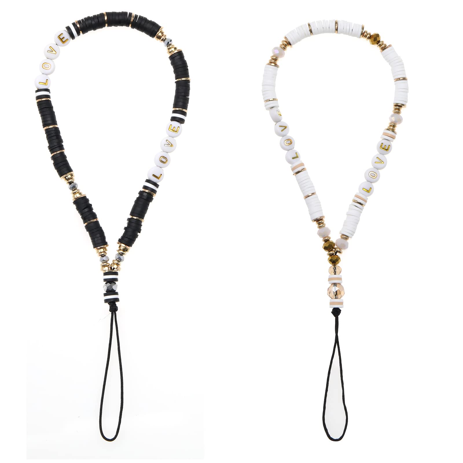 OTOTEC 2PCS Phone Charm Strap Beaded Phone Lanyard LOVE Letter Phone Wrist Strap Soft Pottery Mobile Phone Bracelet Anti-Lost Chain Hand Lanyard Black & White