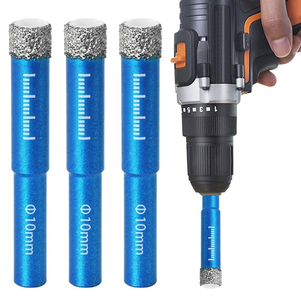 3 Pcs 10mm Diamond Tile Drill Bit Set for Granite, Ceramic, Marble, Stone, Glass - Hard Materials Round Shank Dry Drill Bits