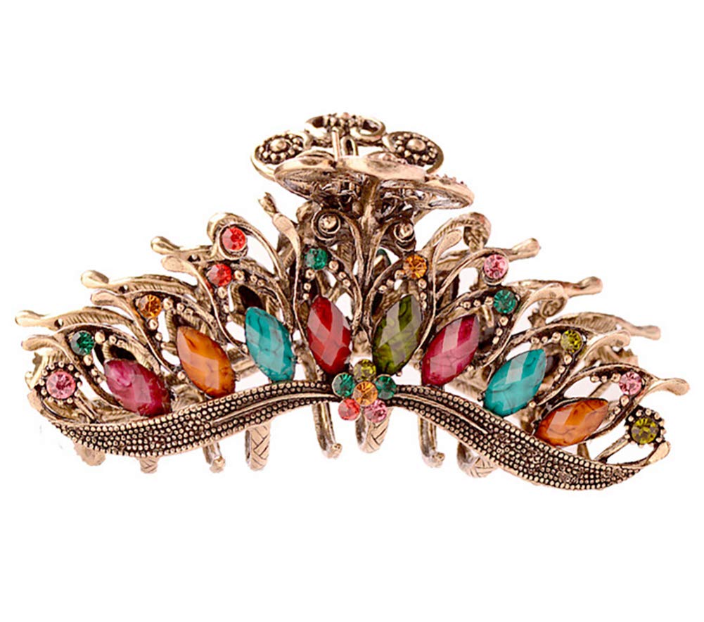 Fodattm Women Lady Girls Retro Flowers Hair Claw Clip Large Hair Updo Grip Bath Accessories for Thick Hair Vintage Alloy Rhinestone Non-Slip Hair Jaw Clips Hairpin Fancy Hair Clamp (Colourful)