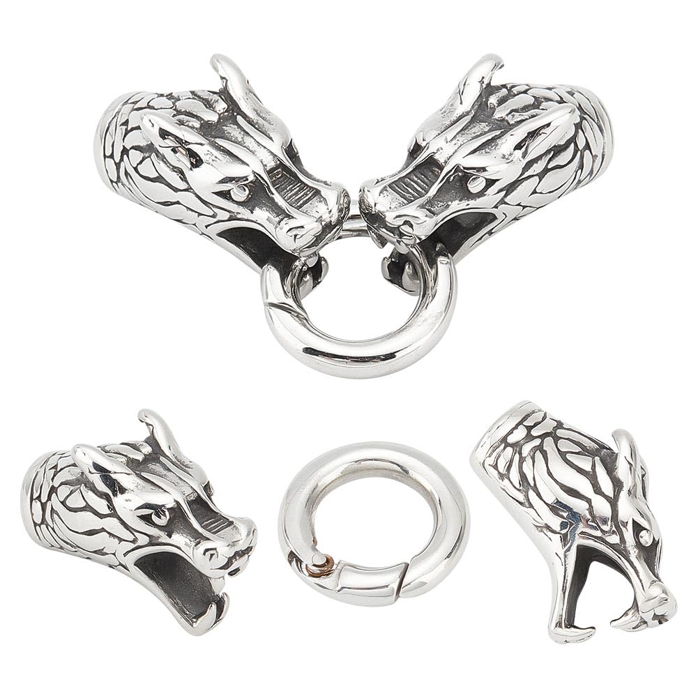 UNICRAFTALE 2Pcs 304 Stainless Steel Tibetan Style Dragon Head Spring Clasps Antique Silver 9mm Inner Diameter Carabiner Keyring Dragon Leather Cord End Caps Connectors for Keychain Jewelry Making