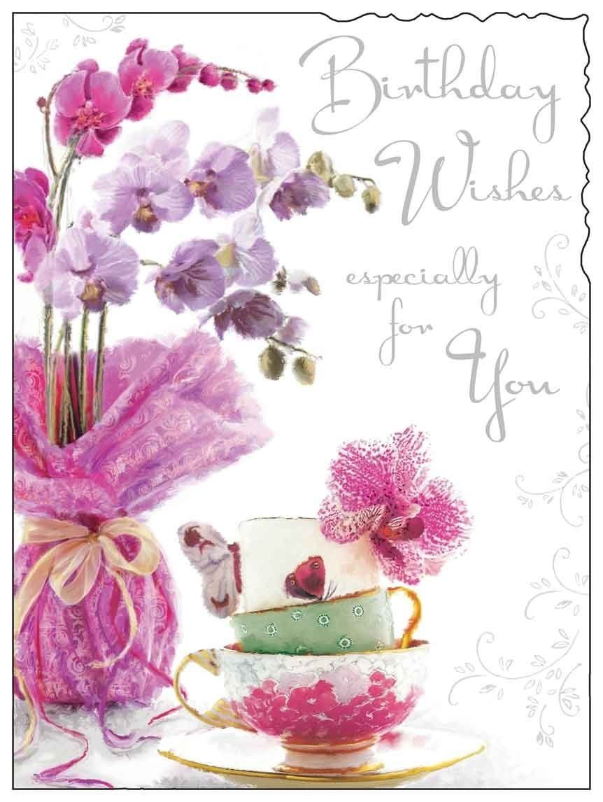 Jonny Javelin Birthday Card for Her - General Card for Women - Special Finishes - Orchid Flower and Teacups - Made in the UK