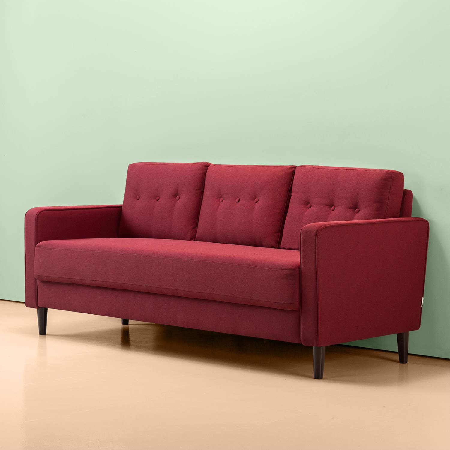 Zinus Mikhail Mid-Century Sofa Couch / Ruby Red Sofa / Button Tufted Cushions / Easy, Tool-Free Assembly