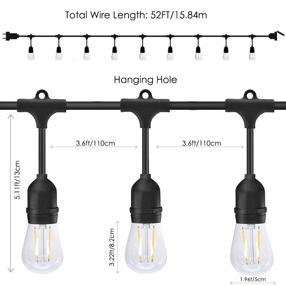 ECOWHO Outdoor String Lights, Waterproof LED Patio String Lights Hanging E26 Sockets UL Listed for Yard Bistro Pergola Wedding Gathering Party Garden (52ft Outdoor Patio Lights)