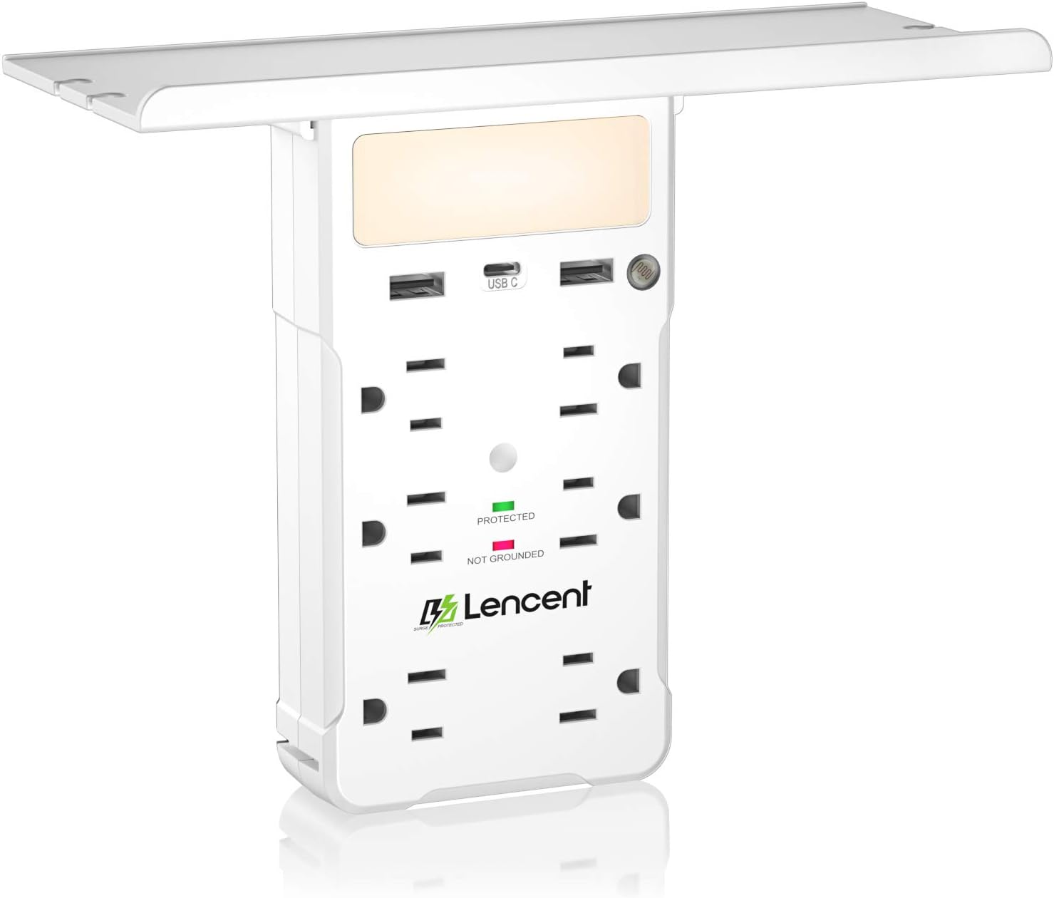 Socket Shelf, LENCENT Surge Protector Multi Plug Outlet Extender Extension with 6 Prong, USB C and Night Light, Type C Wall Charger Adapter Power Strip Multiple Socket Splitter Expander - ETL Listed - - 