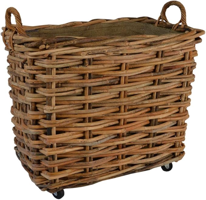 Bamboo Rattan Rectangle Large Storage Log Basket with Wheels and Hoop