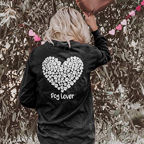 Women's Casual PAWZ Dog Love Print Pullover Hoodie Long Sleeve Sweatshirt Drawstring Pocket Autumn Winter Tops Black