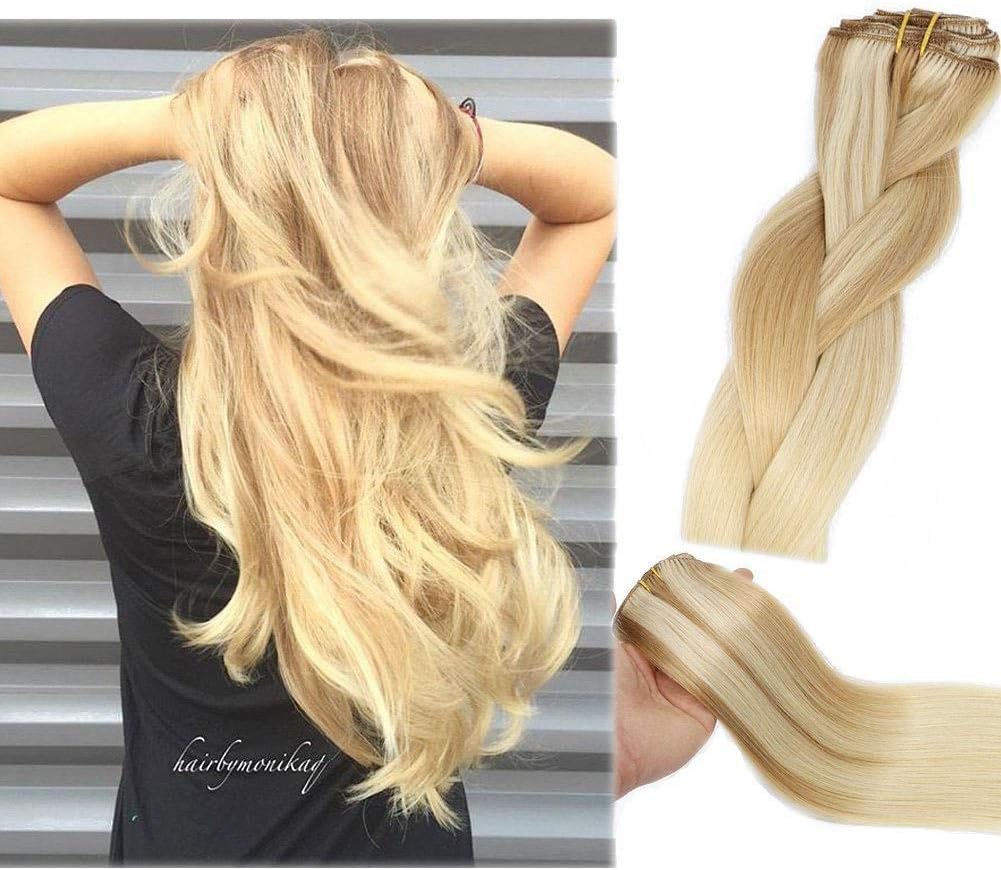 Clip In Human Hair Extensions Honey Bleach Blonde Extension Clip ins New Version Thickened Double Weft 9A Brazilian Hair 120g 7pcs Full Head Silky Straight 100% Human Hair Clip In Extensions 22 Inch