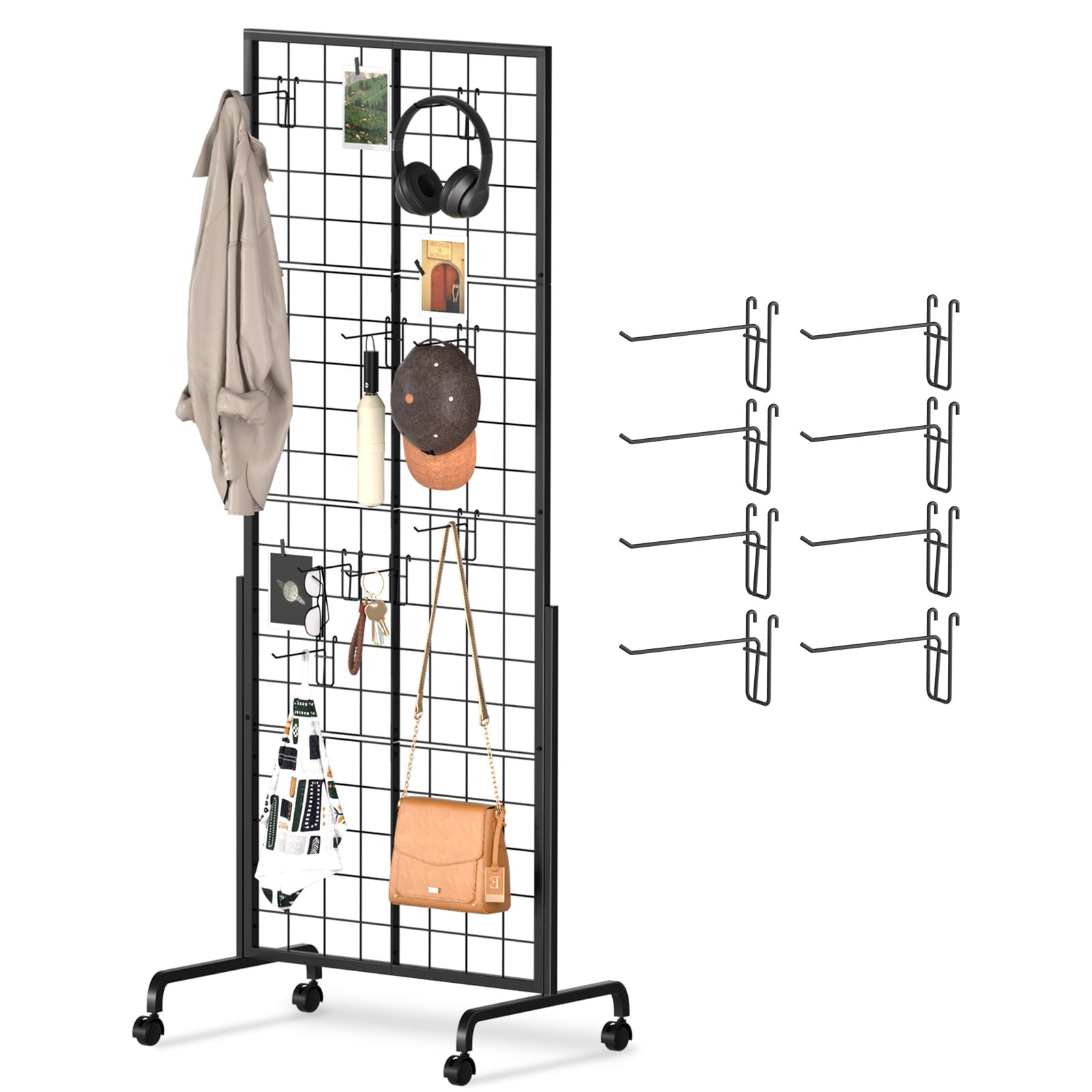 Photo 1 of Urban Deco Gridwall Panel Display Stand - Craft Show Display Rack with Extra 8 Hooks, 2' x 5.5' Ft Black Metal Grids Standing Wire Rack for Retail Art Fair - 1 Set