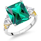 Gem Stone King 925 Silver and 10K Yellow Gold Green Nano Emerald Moissanite and Diamond 3 Stone Ring For Women (6.44 Cttw, Gemstone May Birthstone, Emerald Cut 12X10MM)