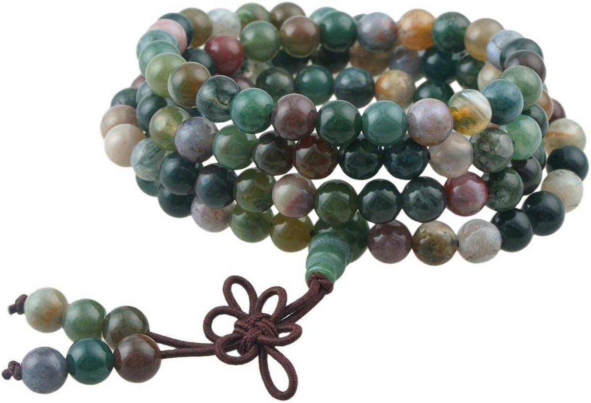 Shanxing 108 Prayer Beads Mala Bracelet Tibetan Buddhist Buddha Meditation Stone Necklace,Moss Agate, 06-moss Agate-6mm - Image 4