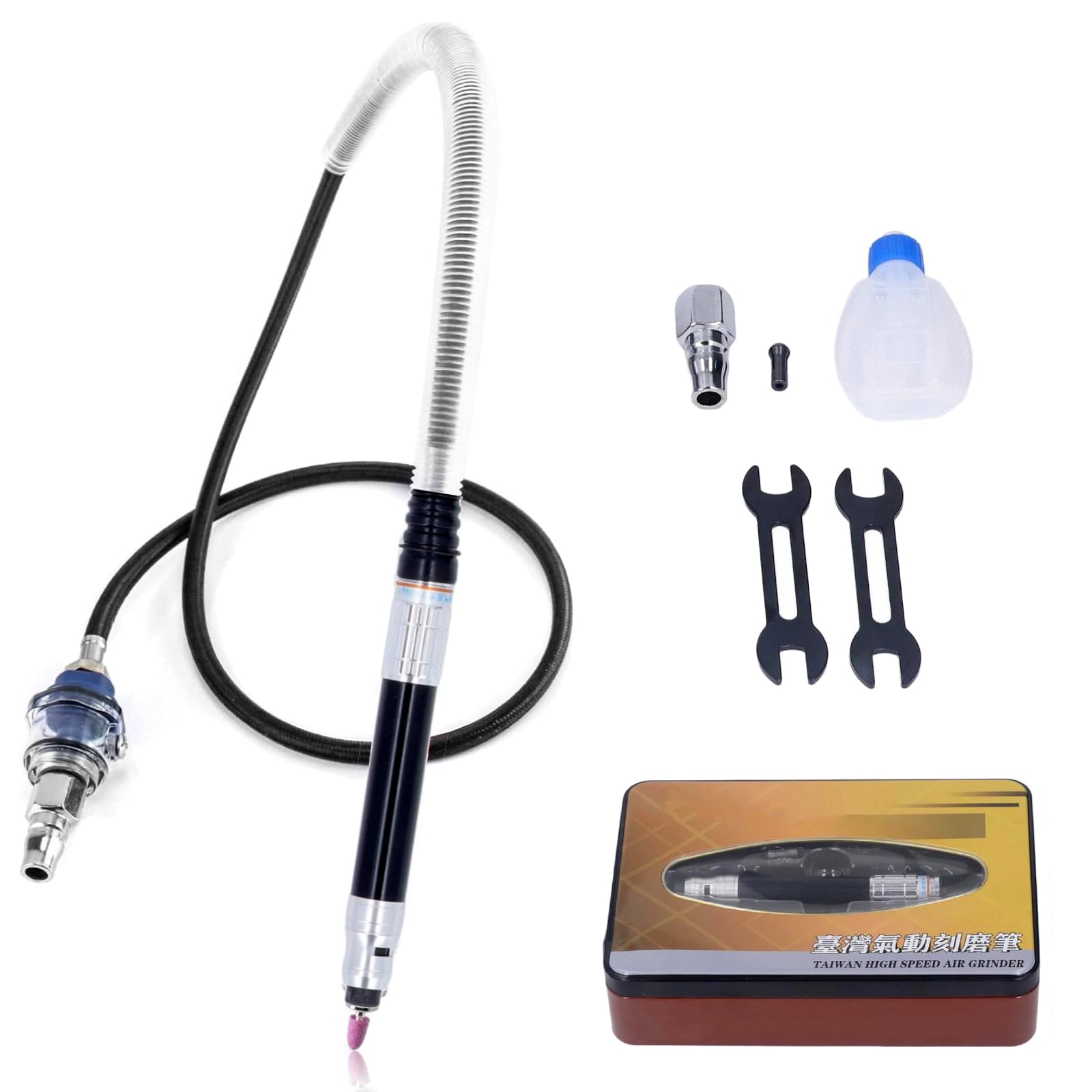 Uadme Air Micro Grinder, 1/4" Mini Pencil Die Grinder Set with Wrench, 50000 RPM Free Speed, Pneumatic Polishing Cutting Tool for Cleaning, Chamfering, Grinding and Engraving Metals